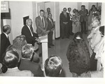 Presentation or Dedication Inside Building, President Theron Montgomery in Attendance by Opal R. Lovett